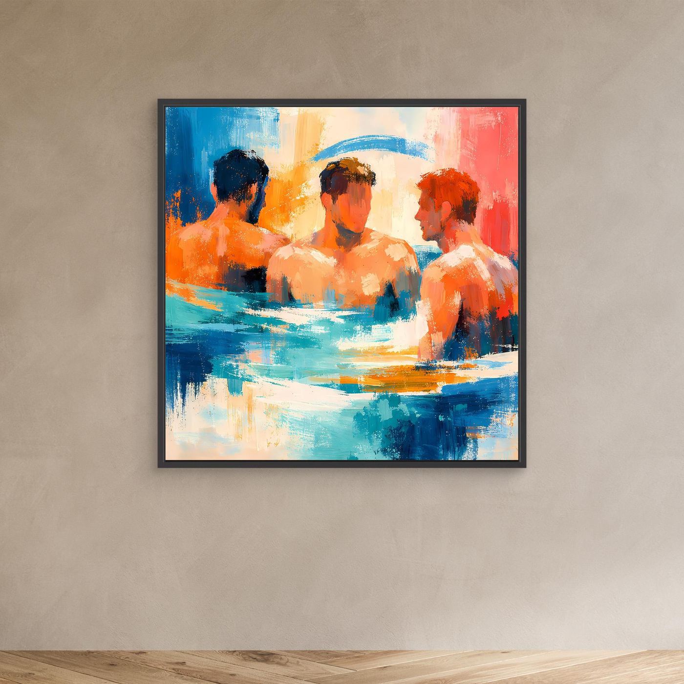 Framed abstract men-in-water painting wall art with blue and orange figures, black frame