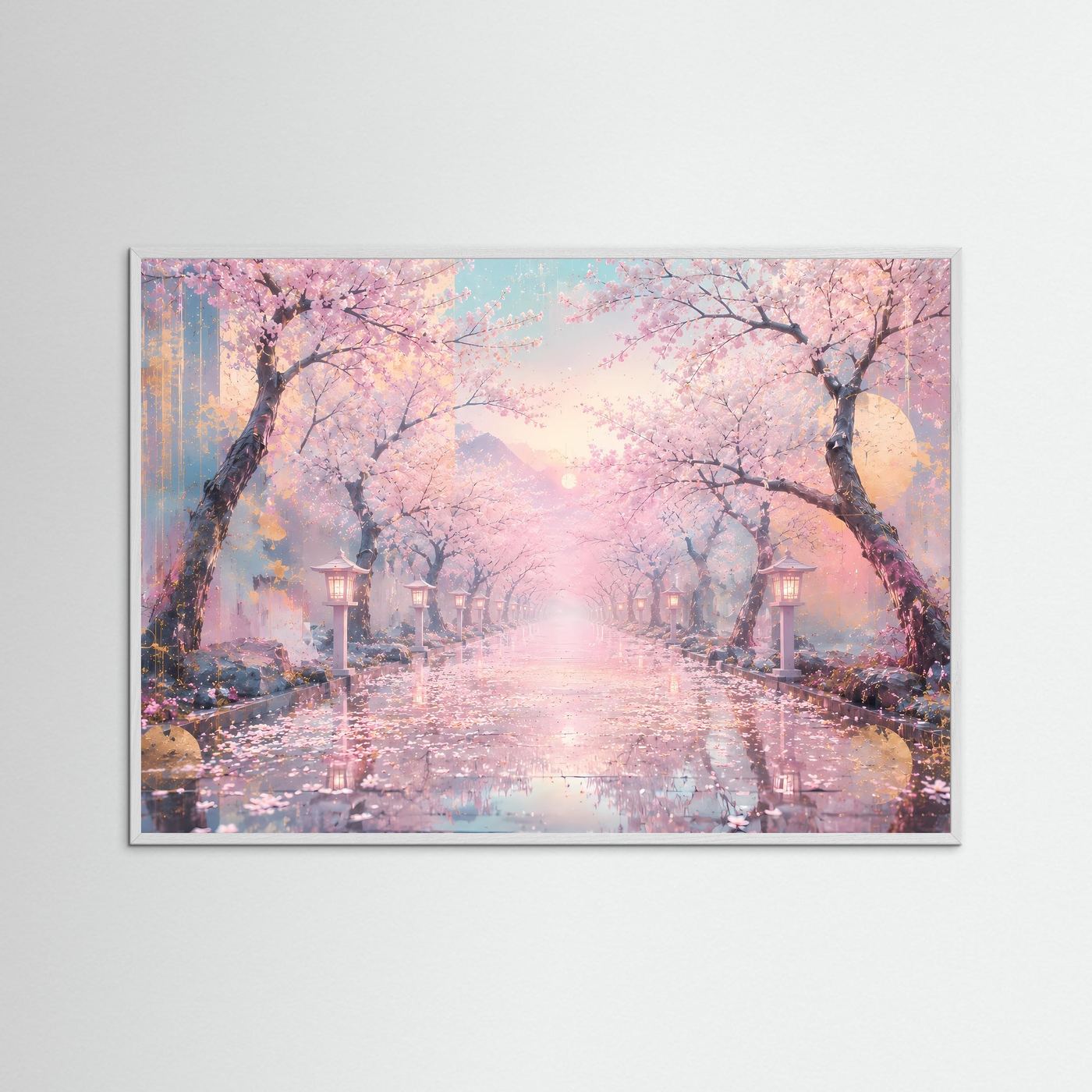 Kirschblütenweg im Morgenlicht | Japanische Sakura Landschaft in Rosa & Gold – Elegante Wandkunst
