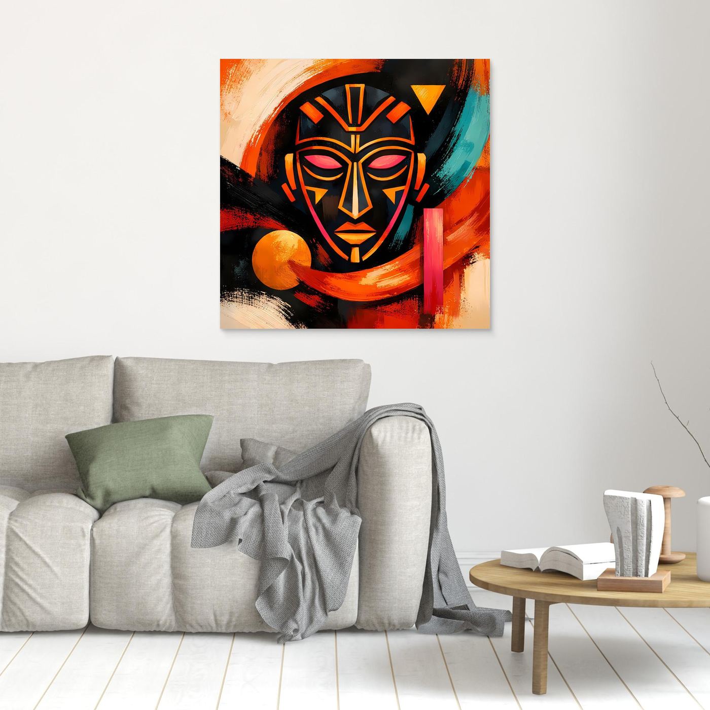 Leinwandbild mit abstrakter Afrikamaske, orange, türkis und rot, kleinformatig an Wand mit Rahmen