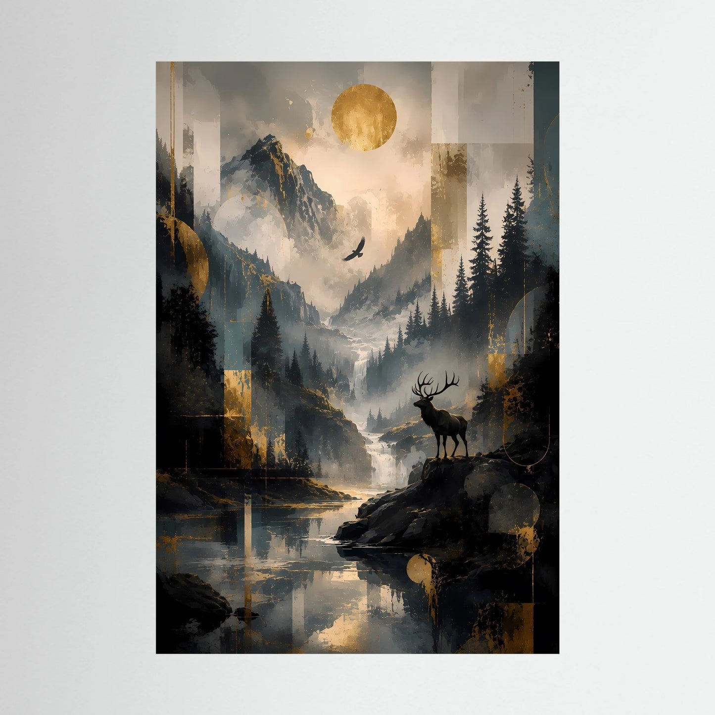 Hochformatiges Poster mit Hirsch, Berglandschaft, goldenem Mond und Wasserlauf