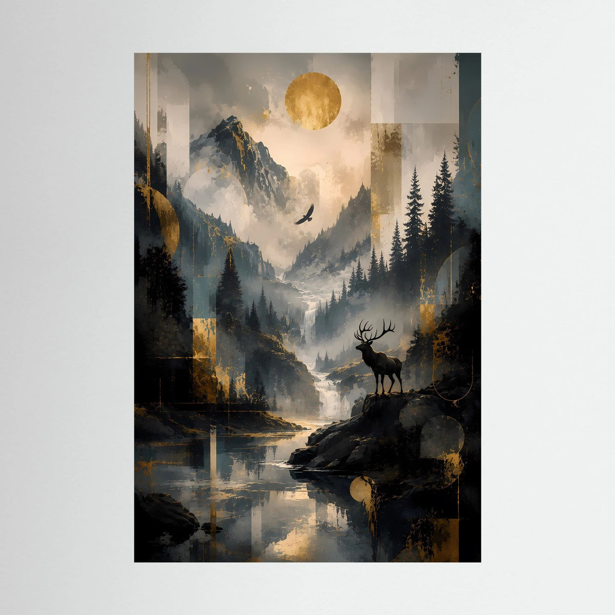 Hochformatiges Poster mit Hirsch, Berglandschaft, goldenem Mond und Wasserlauf