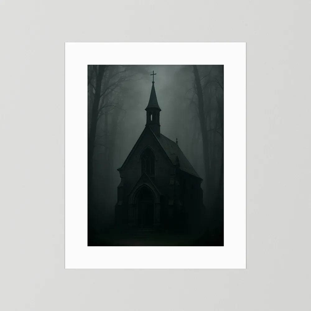 Poster mit dunkler gotischer Kapelle im Nebel, weißes Passepartout, Hochformat