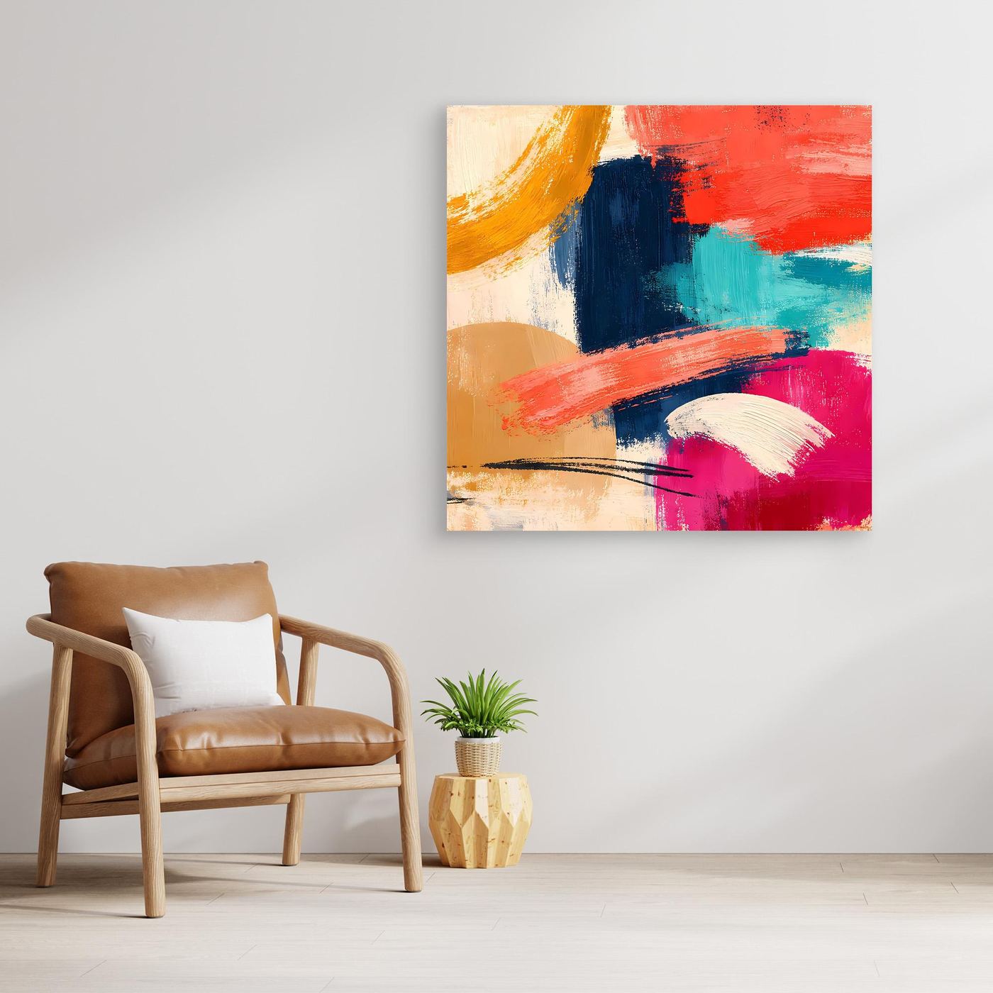 Quadratisches Leinwand-Wandbild mit bunten Farbflächen und Pinselstrichen im Holzrahmen