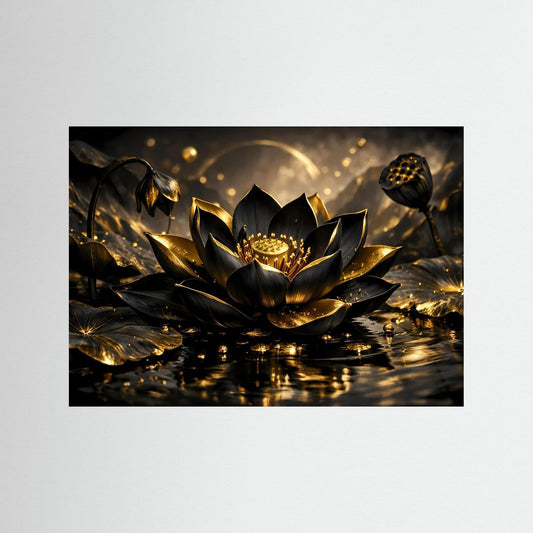 Lotusblüten-Wandbild im Querformat, schwarze Blüte mit goldenen Akzenten und schwarzem Rahmen