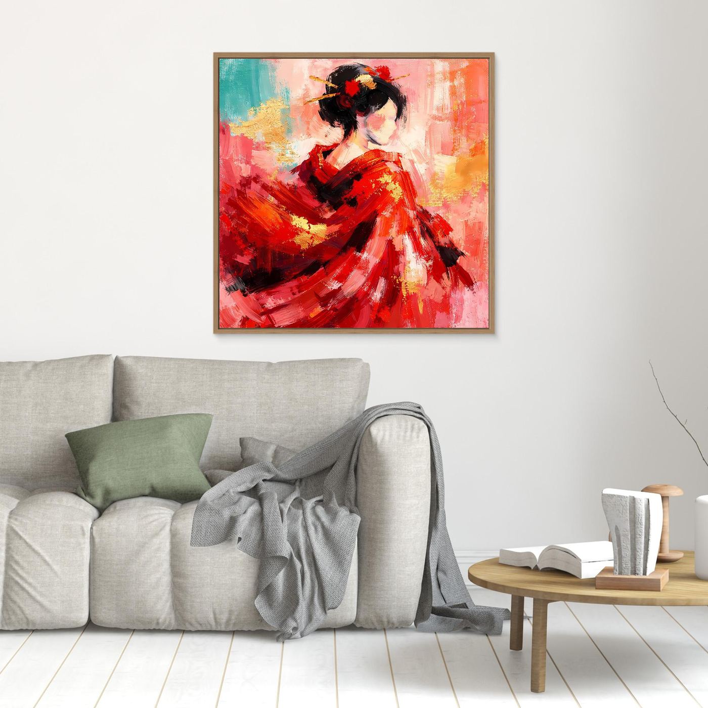 Leinwandbild mit Geisha in rotem Kleid, abstrakte Pinselstriche, schmaler Holzrahmen