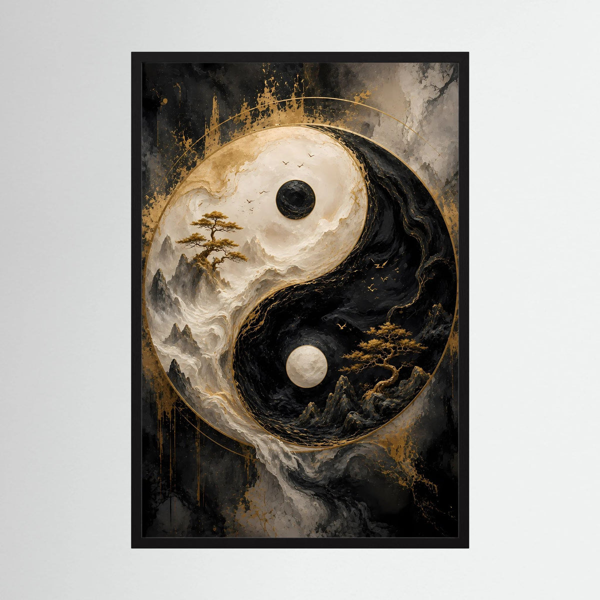 Vertikales Poster mit Yin-Yang-Motiv im schwarzen Rahmen, Schwarz-Gold, Berglandschaft