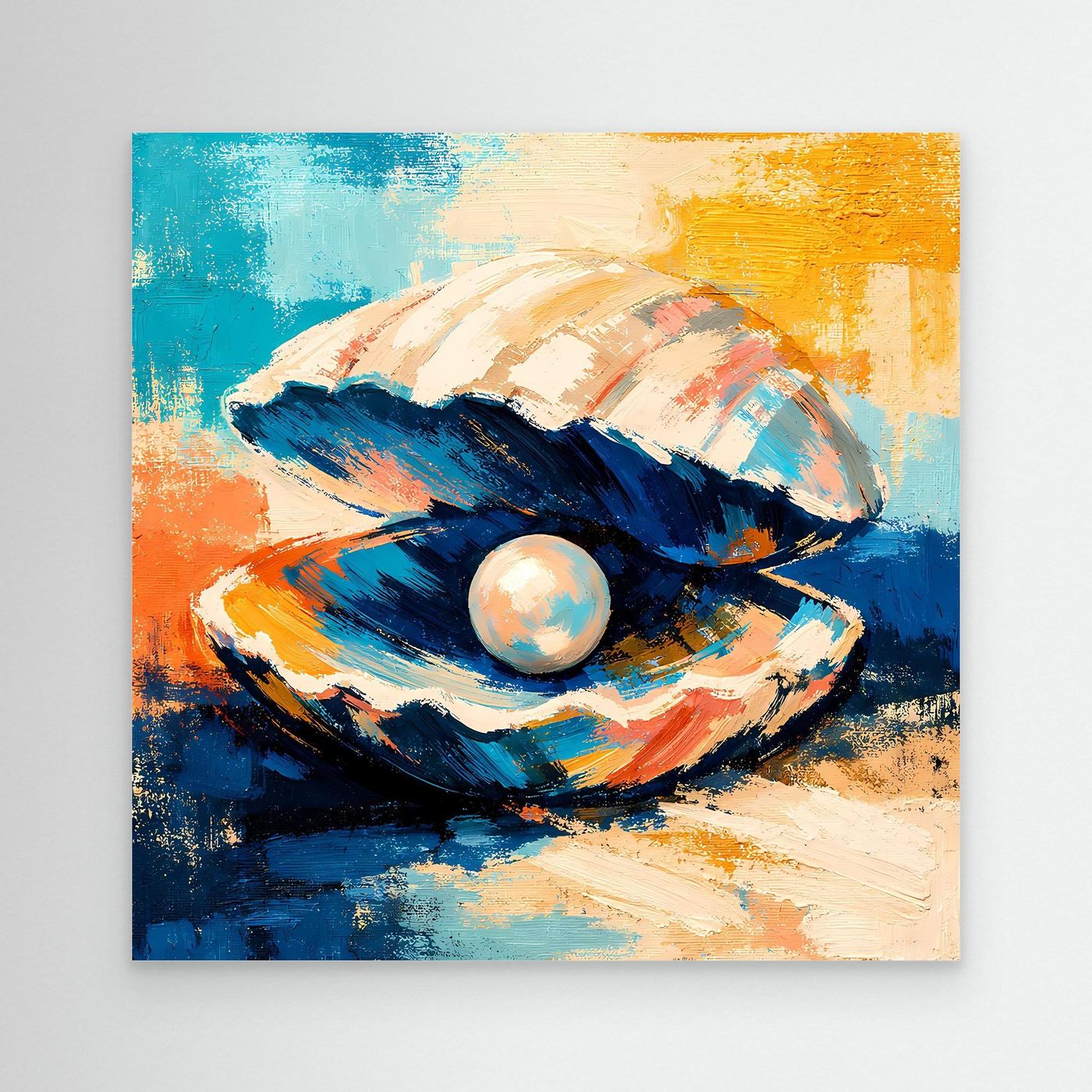 Abstract seashell canvas wall art with pearl, orange blue and white brushstrokes, close view