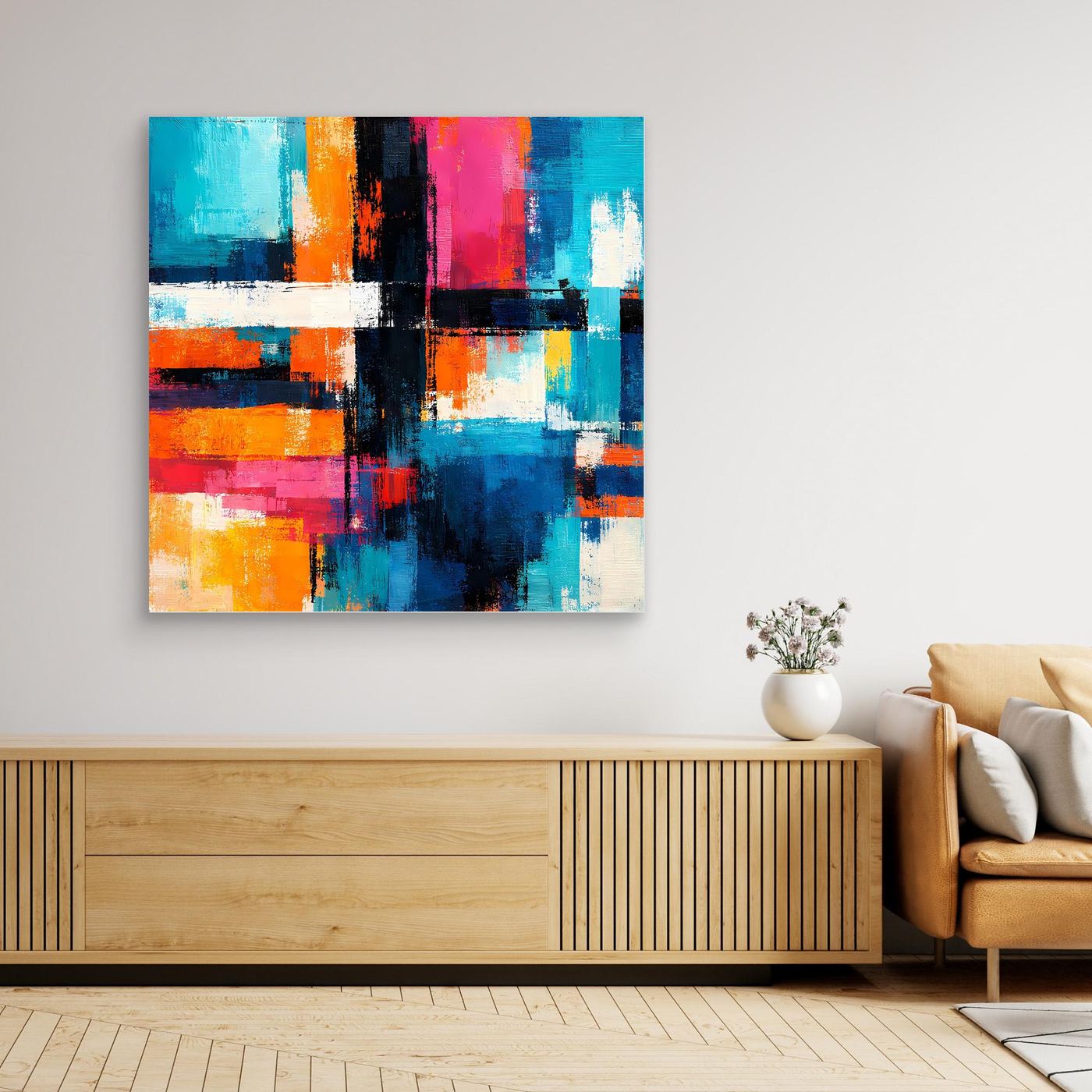 Abstract geometric canvas wall art with colorful block textures and a dark central vertical shape