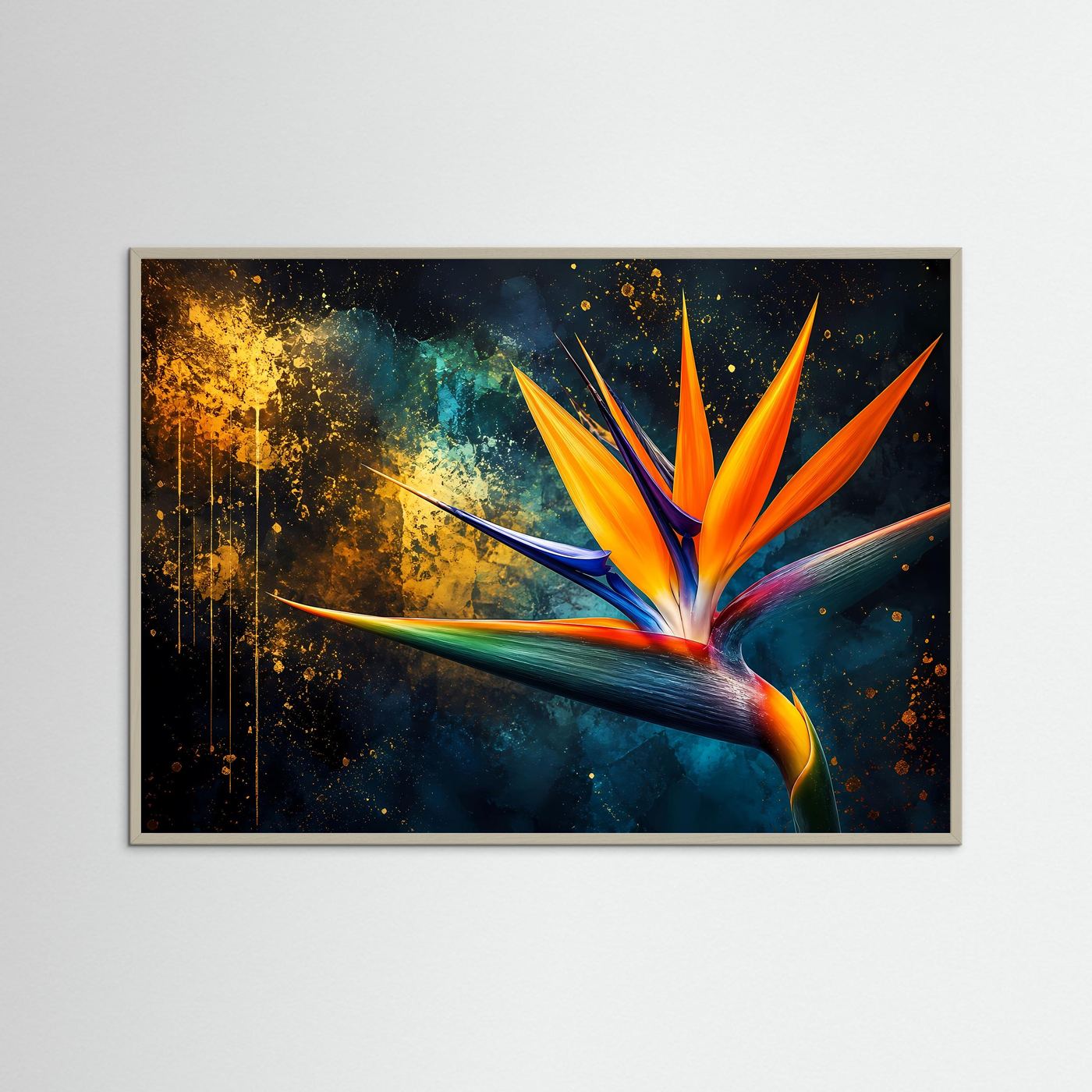 Strelitzie Poster | Paradiesvogelblume Wandbild Modern | Exotische Blume mit Gold und Dunklem Hintergrund