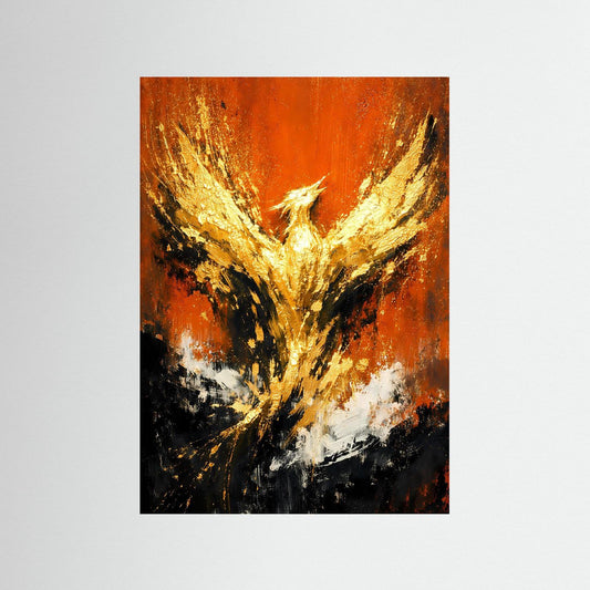 Abstraktes Phoenix-Poster: goldene Flügel, orange-schwarzer Hintergrund, Hochformat