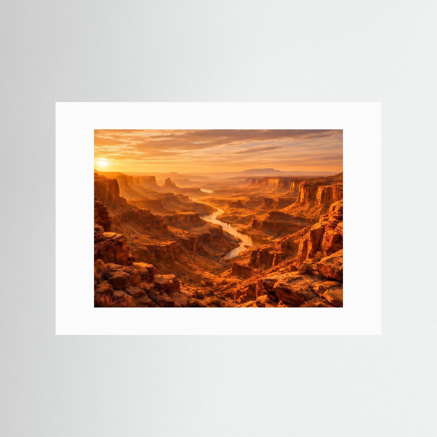 Naturposter Querformat mit Canyon bei Sonnenuntergang, mit weißem Passepartout