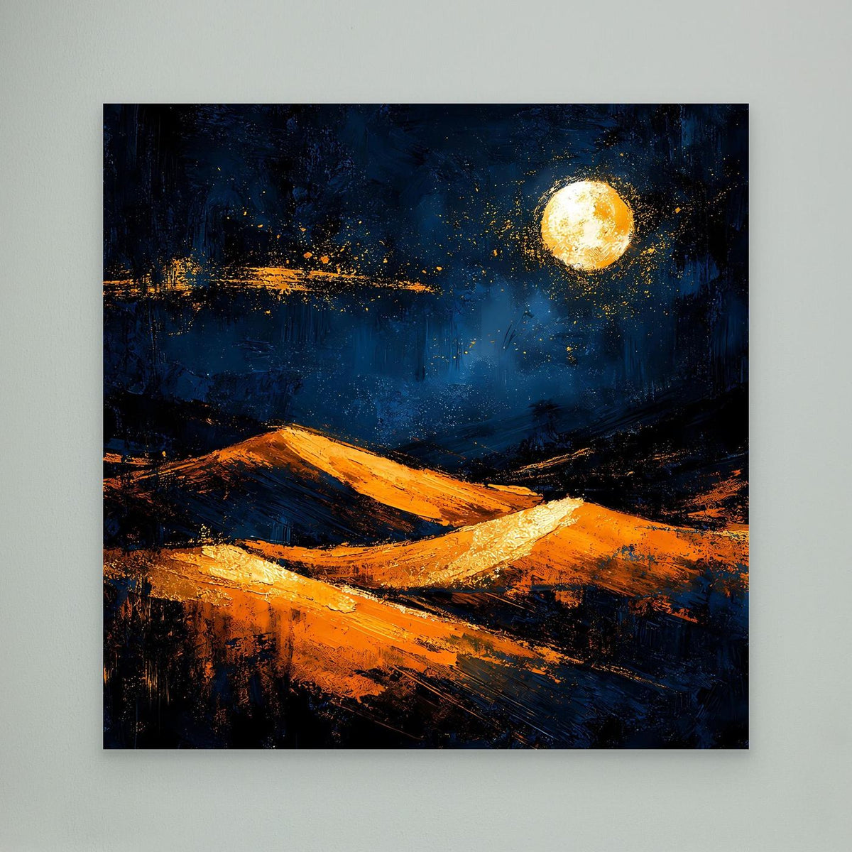 Abstraktes Leinwandbild: dunkles Blau, goldene Sonne, orange Dünen, ohne Rahmen