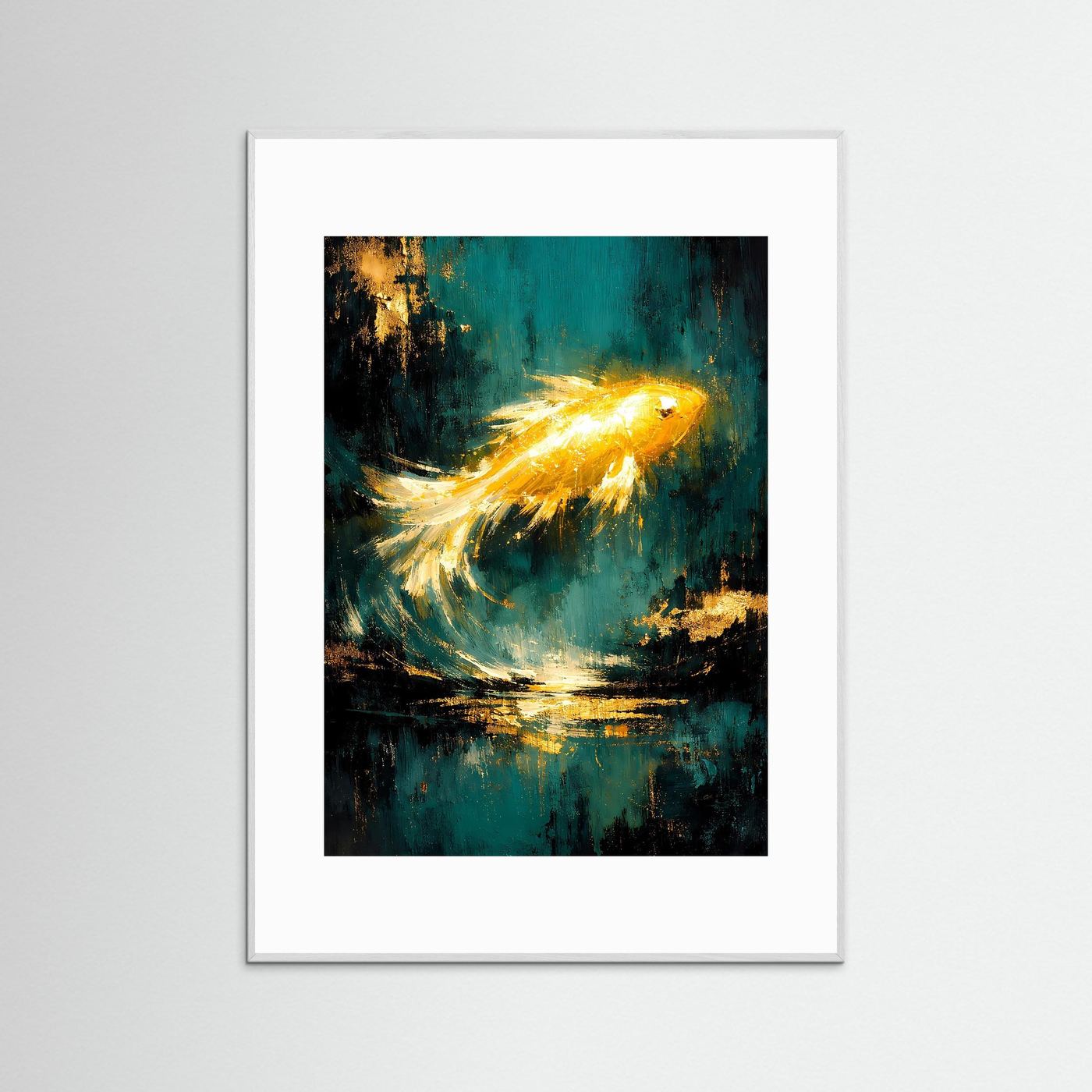 Goldfisch-Poster „Fluss des Glücks“: türkis-schwarz, goldgelber Koi im grauen Rahmen