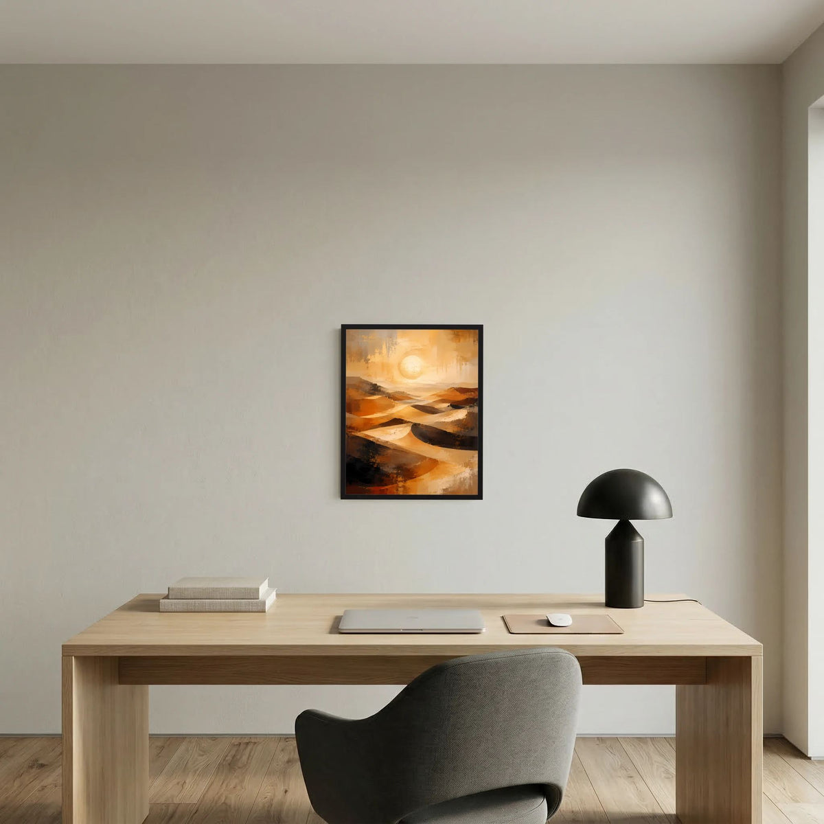 Gerahmtes Poster mit abstrakter Wüstenlandschaft in Gold und Orange, Kreis-Sonne.