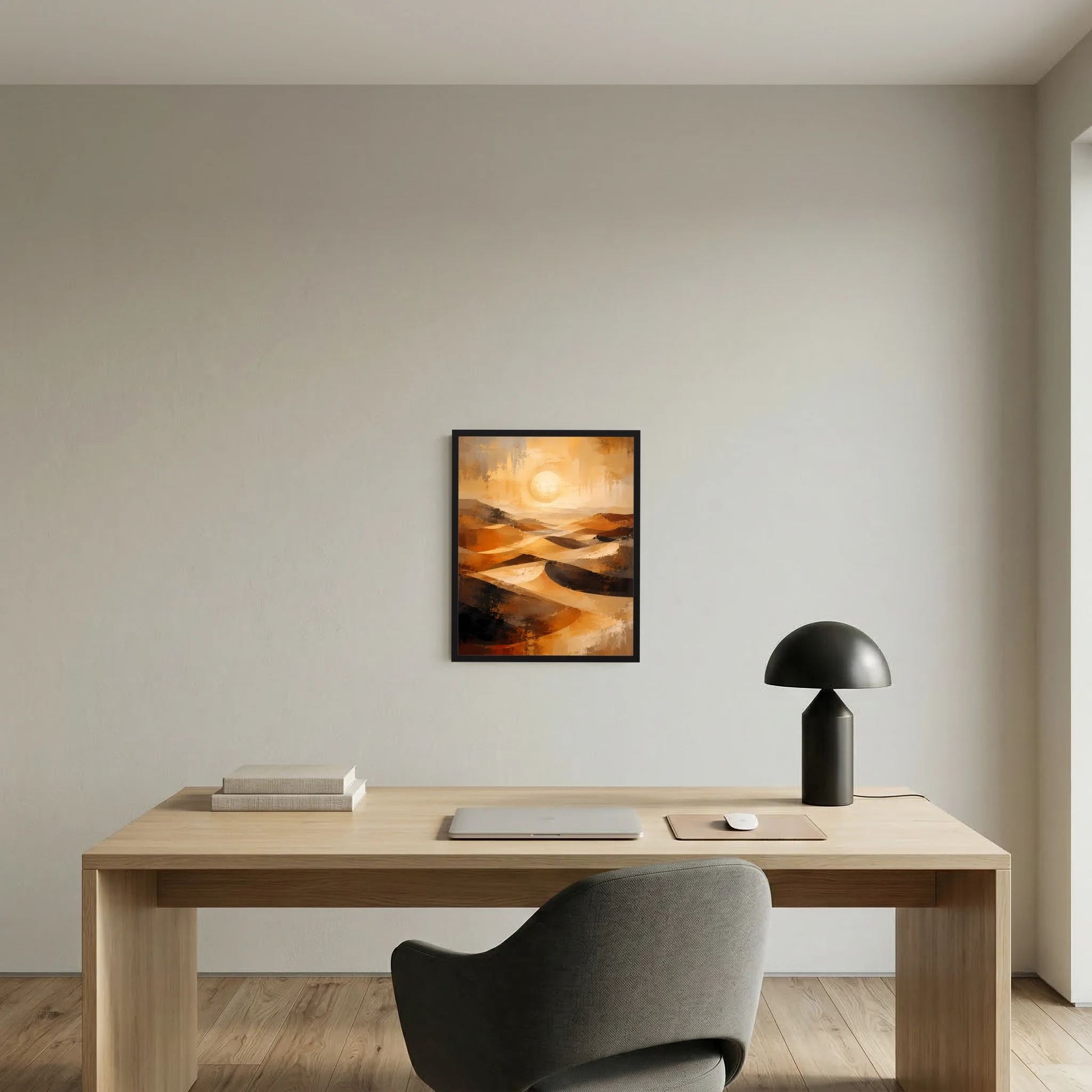 Gerahmtes Poster mit abstrakter Wüstenlandschaft in Gold und Orange, Kreis-Sonne.