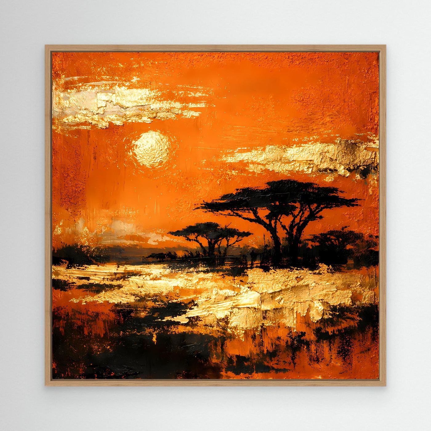 Leinwand Abstraktes Savannen-Panorama | Modernes Afrika Wandbild in Orange und Goldblättern