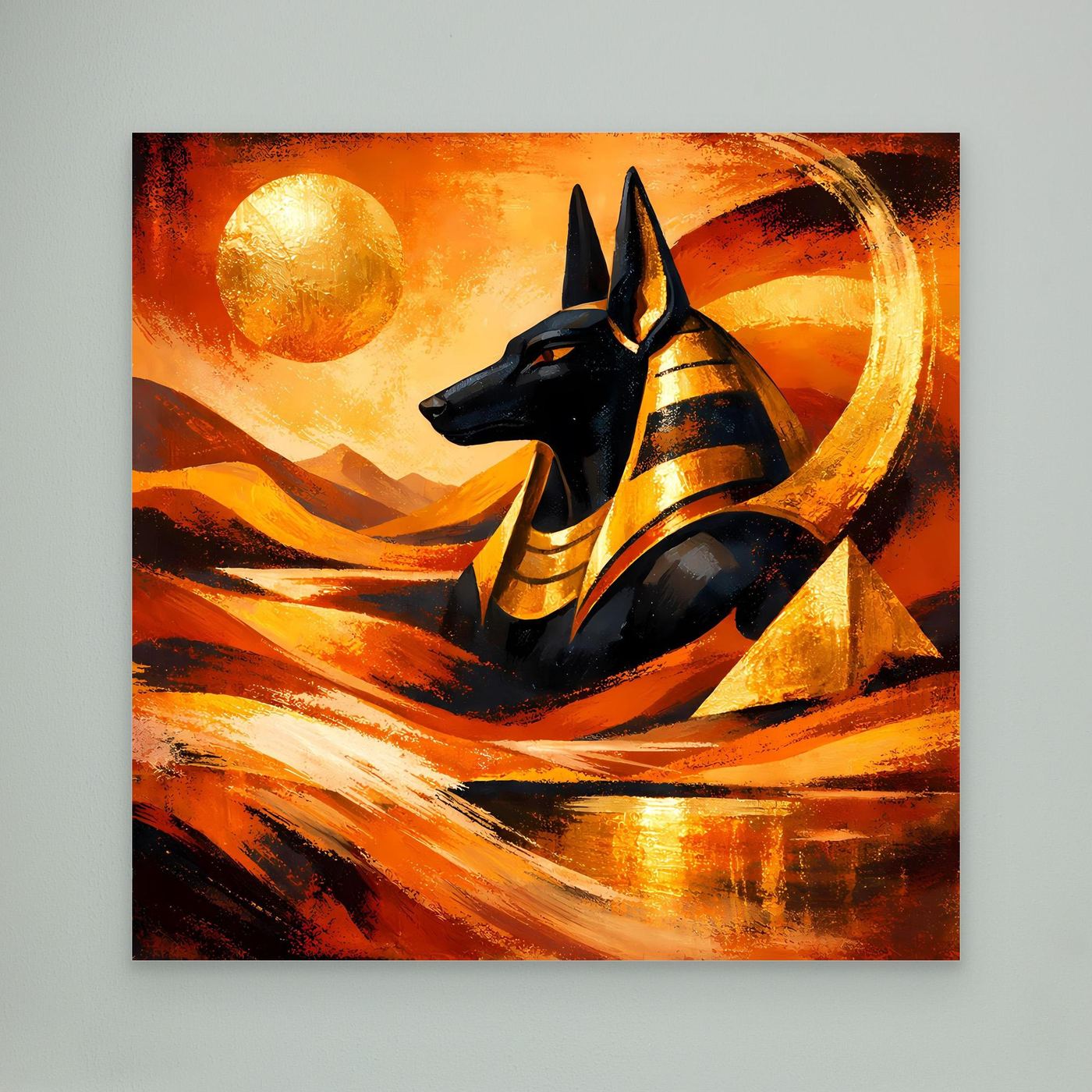Leinwandbild mit schwarzem Anubis und goldener Wüstenabstraktion in Orange