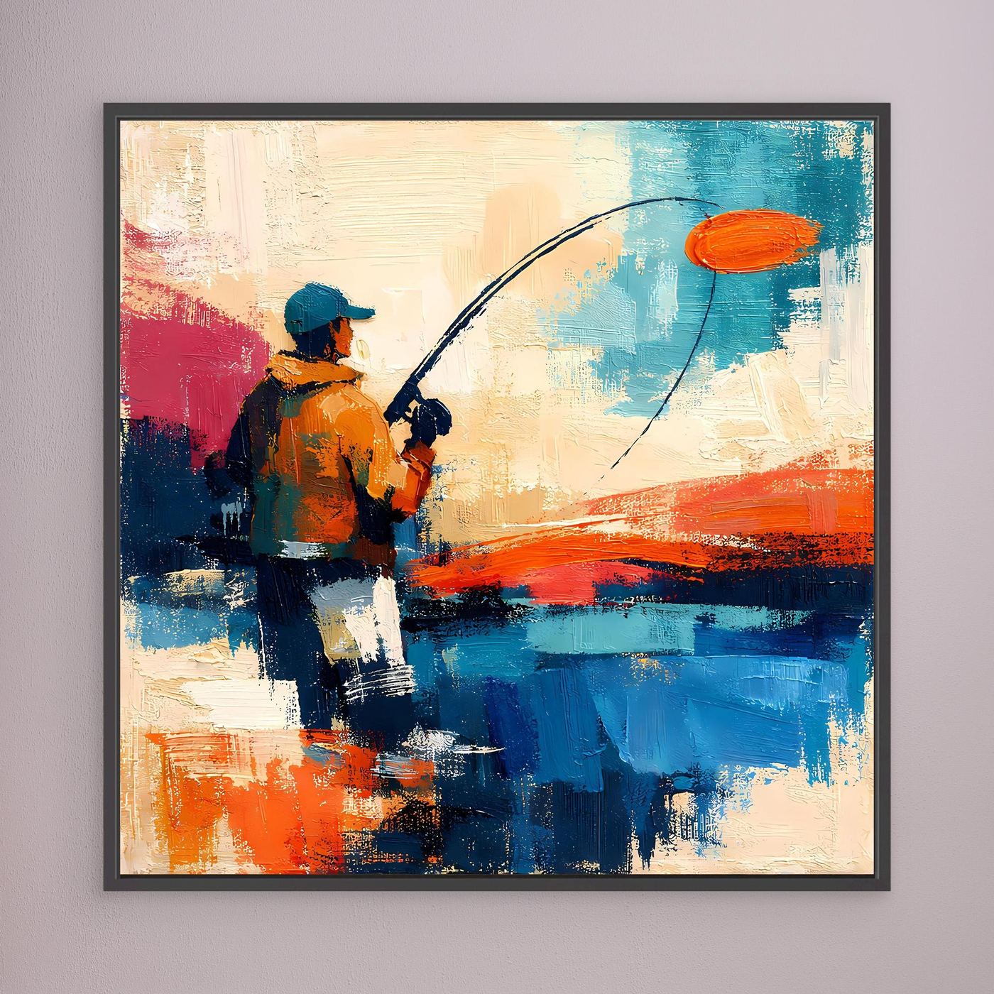 Abstract canvas wall art with an angler holding a fishing rod; orange, blue, and red; dark frame.