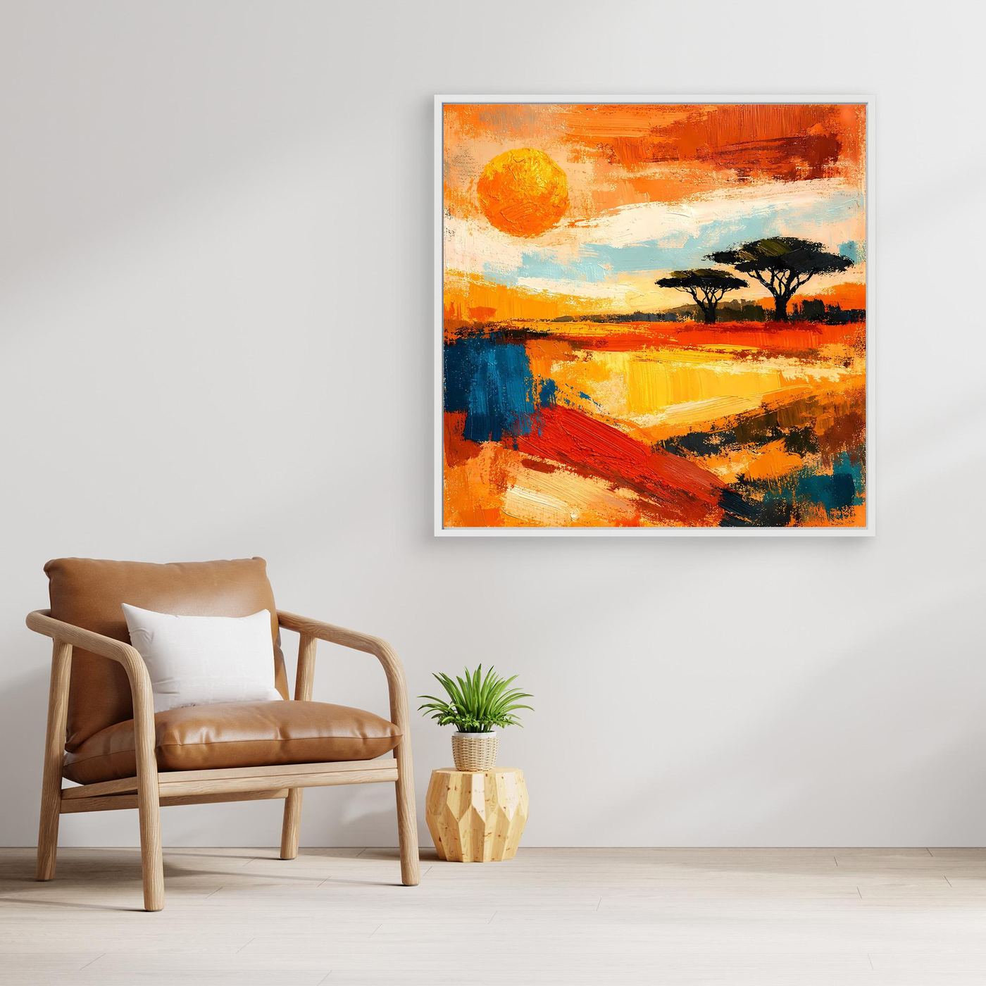 Abstract sunset savanna canvas wall art with tree silhouettes, thin silver frame