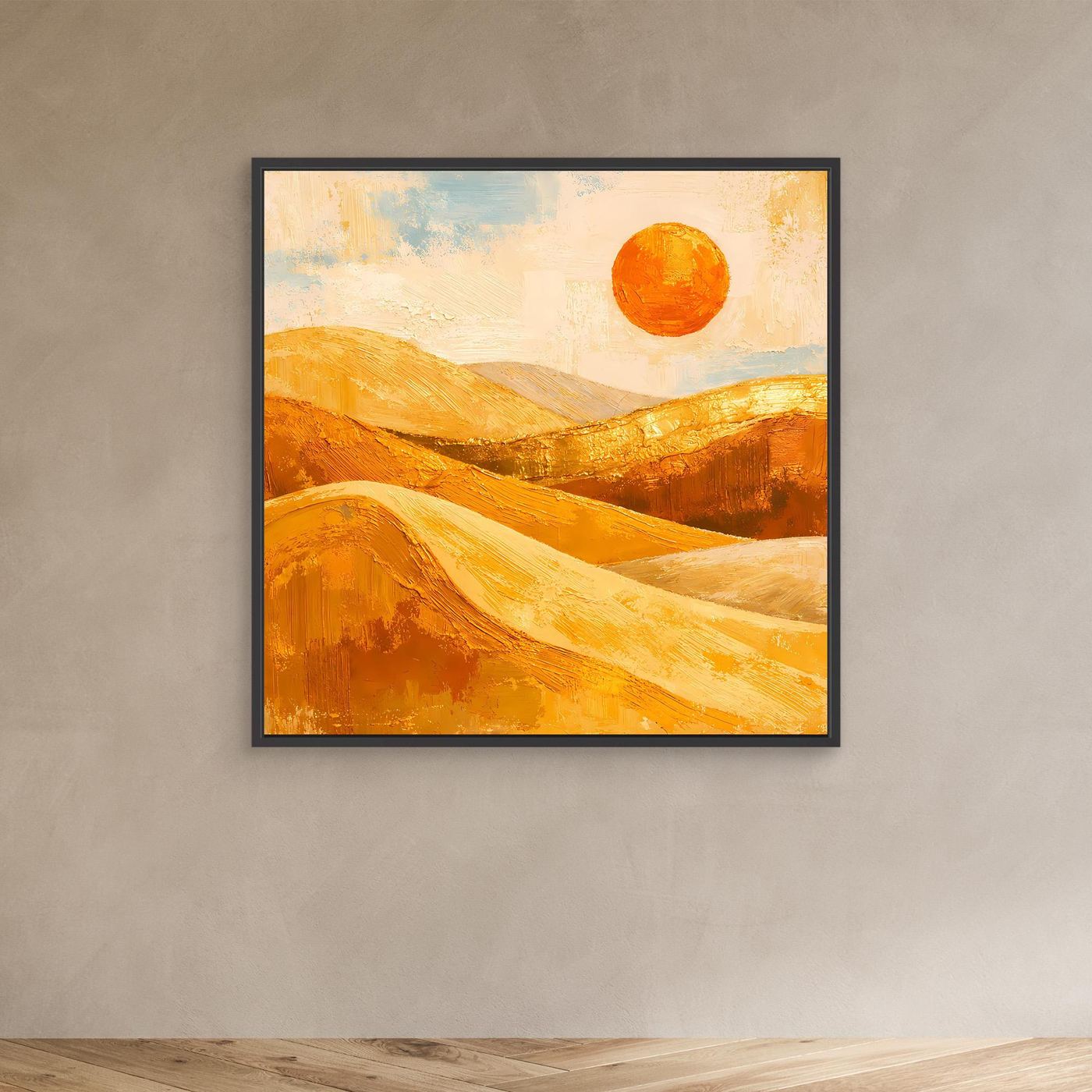Abstraktes Leinwand-Wandbild mit schwarzem Rahmen: goldene Dünenlandschaft mit orangefarbener Sonne