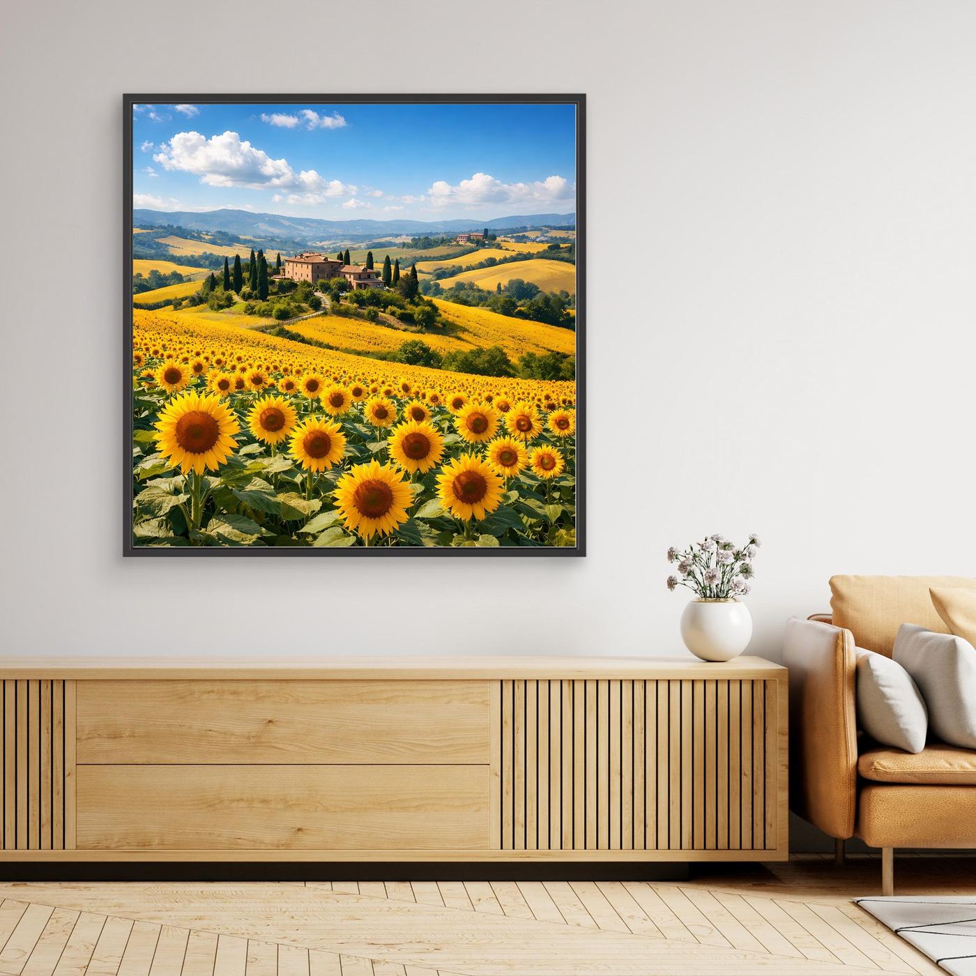 Gerahmtes Leinwandbild: Sonnenblumenfeld, toskanische Hügellandschaft, schwarzer Rahmen