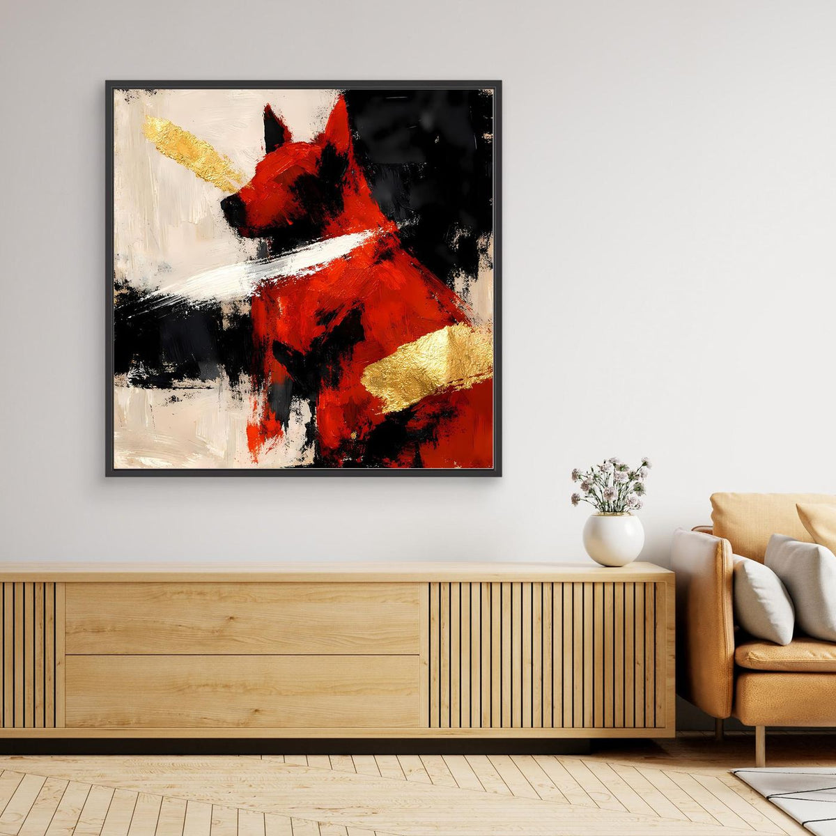 Abstraktes Leinwand-Wandbild mit Hundemotiv in Rot, Gold und Schwarz, schwarzer Rahmen