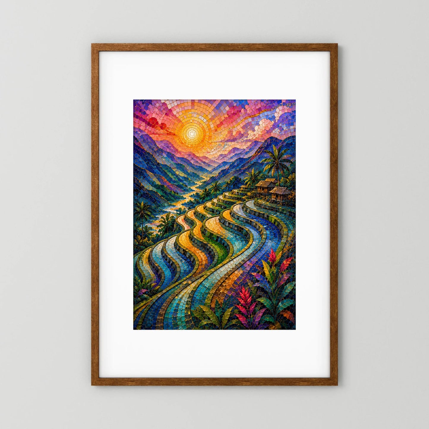 Reisterrassen im Sonnenuntergang | Farbenfrohe Mosaik Landschaft | Poster Hochformat