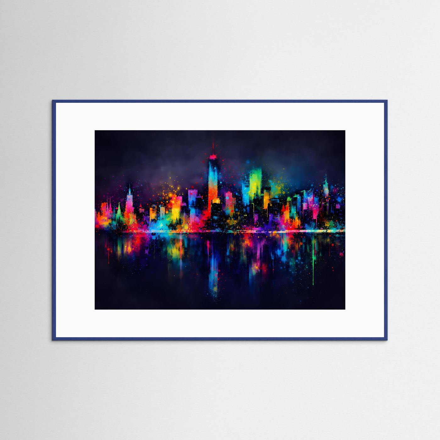 Gerahmter Skyline-Kunstdruck mit farbenfroher Nachtstadt und Spiegelung, blauer Rahmen