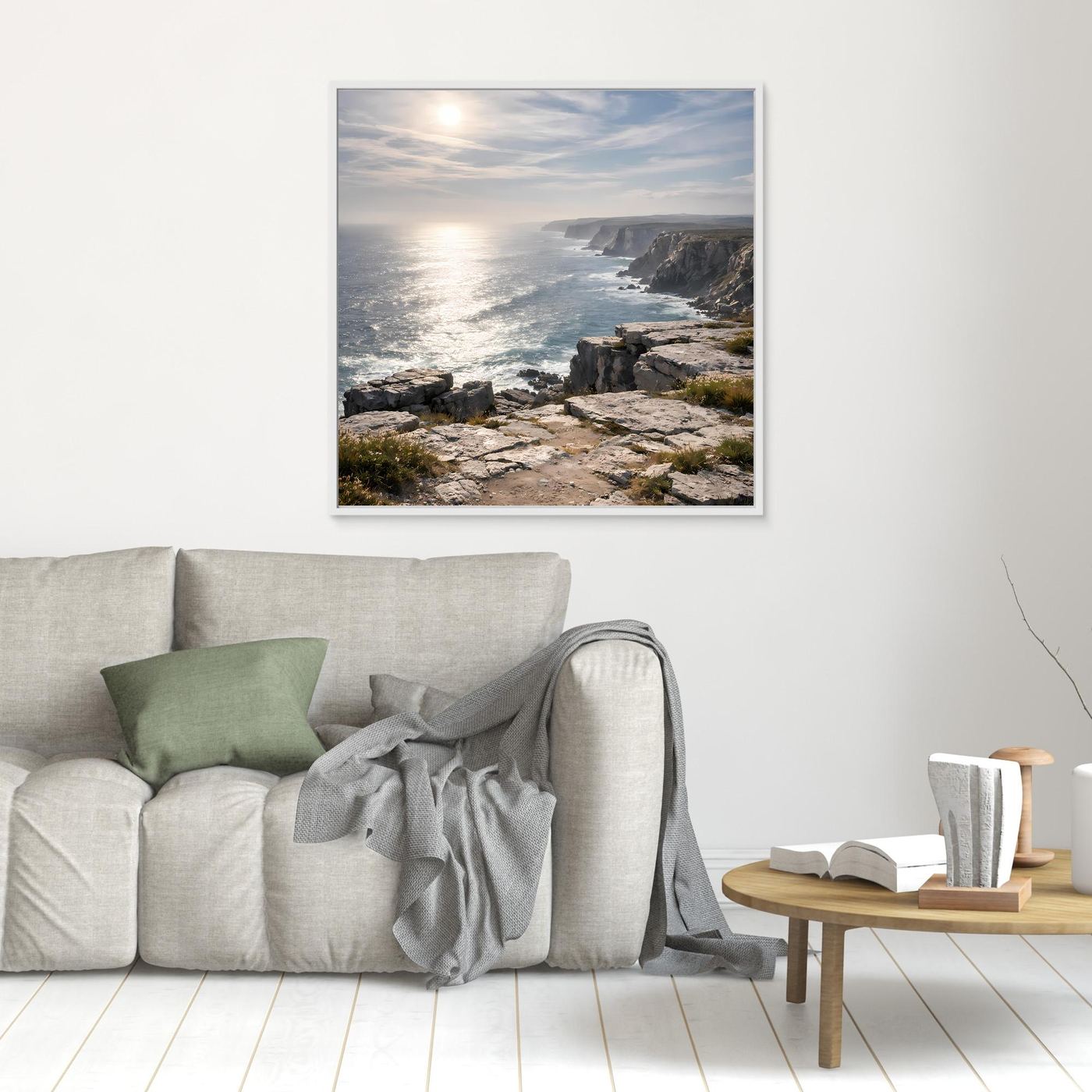 Leinwandbild Steilküste am Meer mit Felsen, Meer und Sonnenaufgang ohne sichtbaren Rahmen