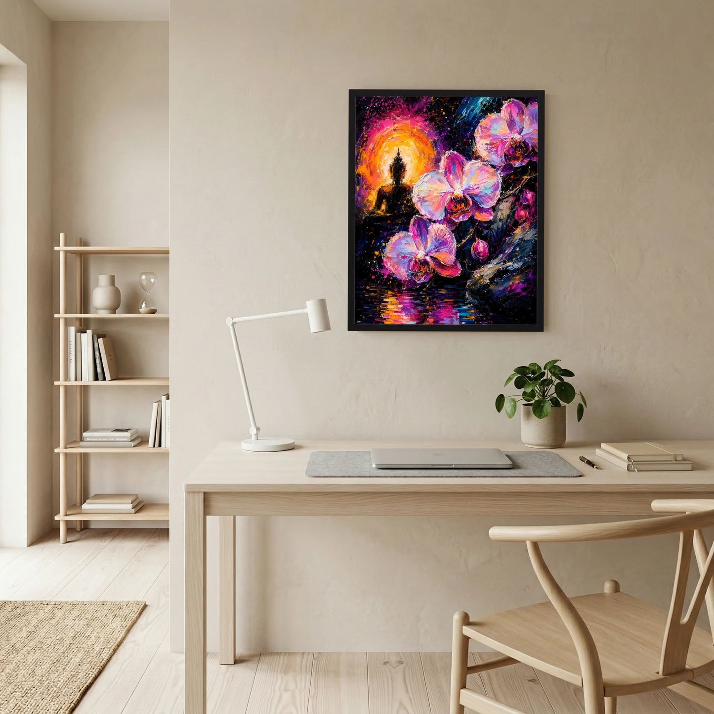Neon-Kunstposter mit Buddha-Silhouette und Orchideen in Pink/Violett, farbige Spritzoptik