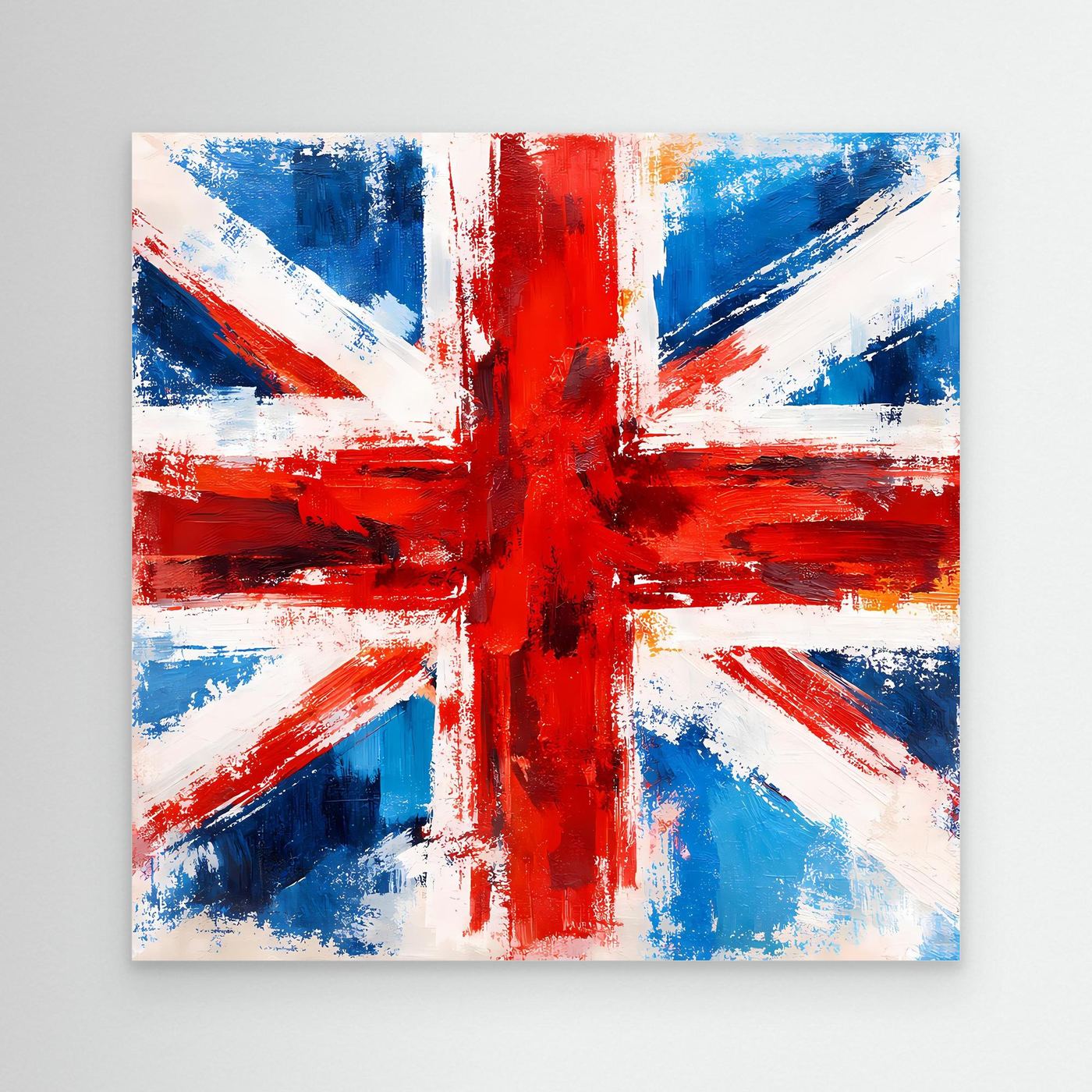 Abstract Union Jack canvas wall art with blue, red, and white brush strokes