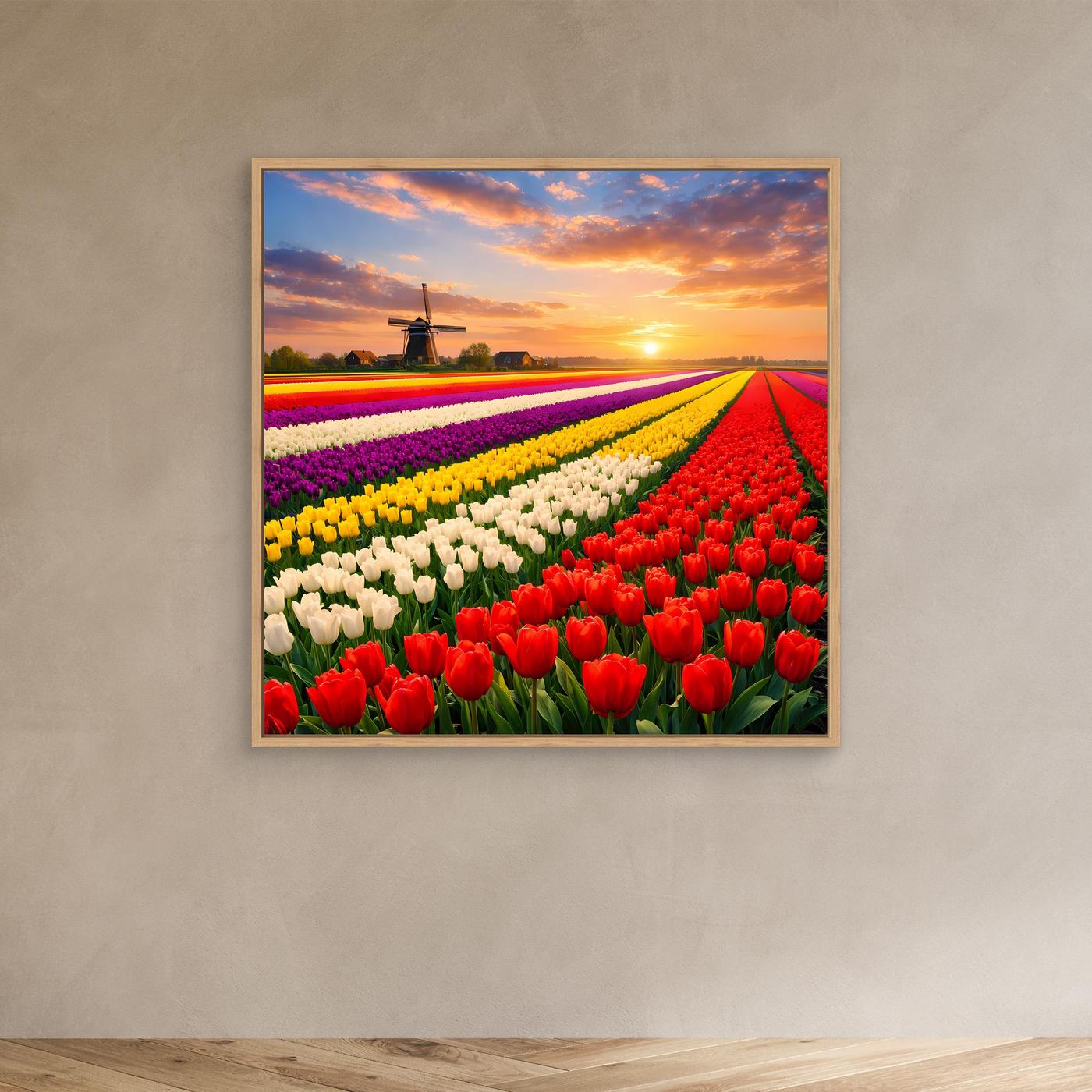 Leinwandbild mit Tulpenreihen in Lila, Gelb und Rot, Eichenrahmen