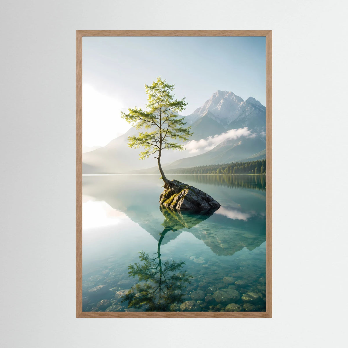 Baum im Bergsee | Stille Berglandschaft mit Spiegelung | Poster Hochformat