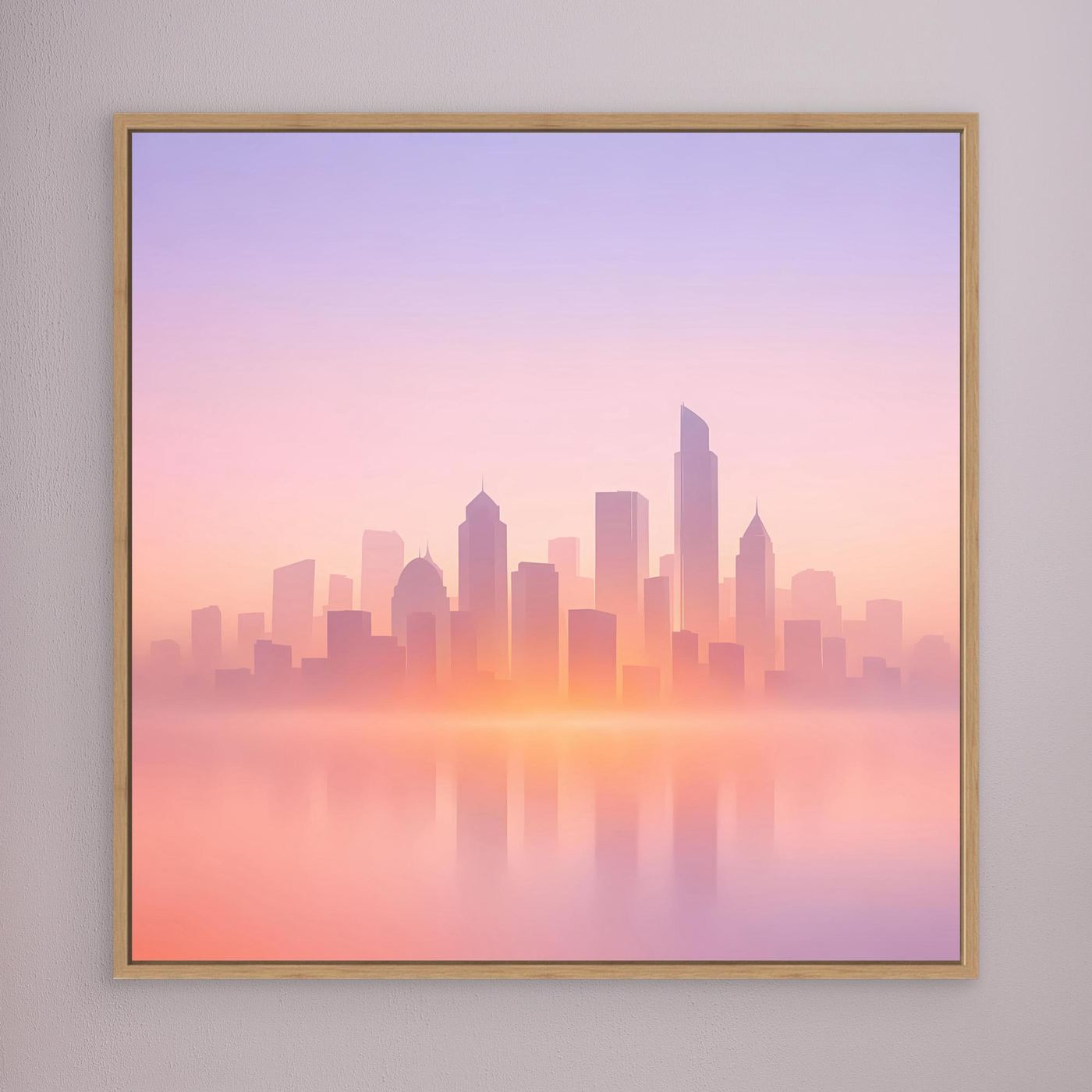 Leinwand-Wandbild mit pastellfarbener Skyline im Dunst und Holzrahmen