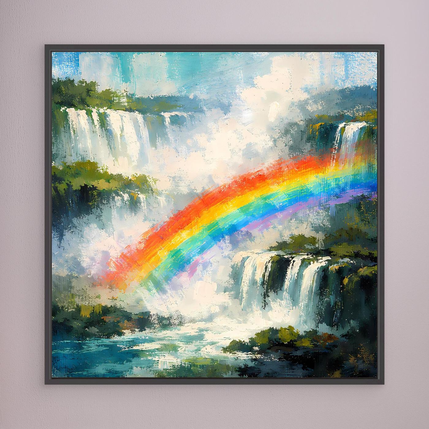 Wandbild mit abstrakten Wasserfällen und Regenbogen, dunkel gerahmt, Leinwandlook