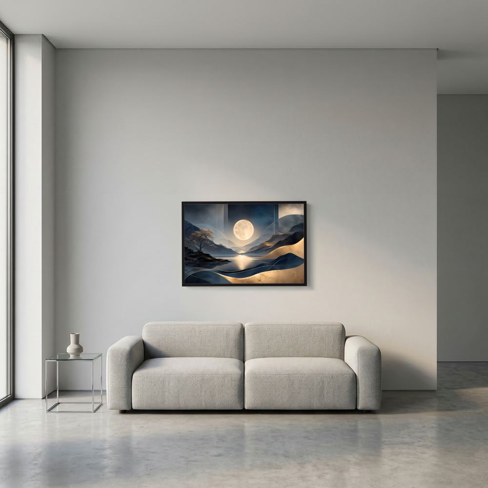 Kleines gerahmtes Poster im Querformat mit Mond über Blau-Gold-Berglandschaft
