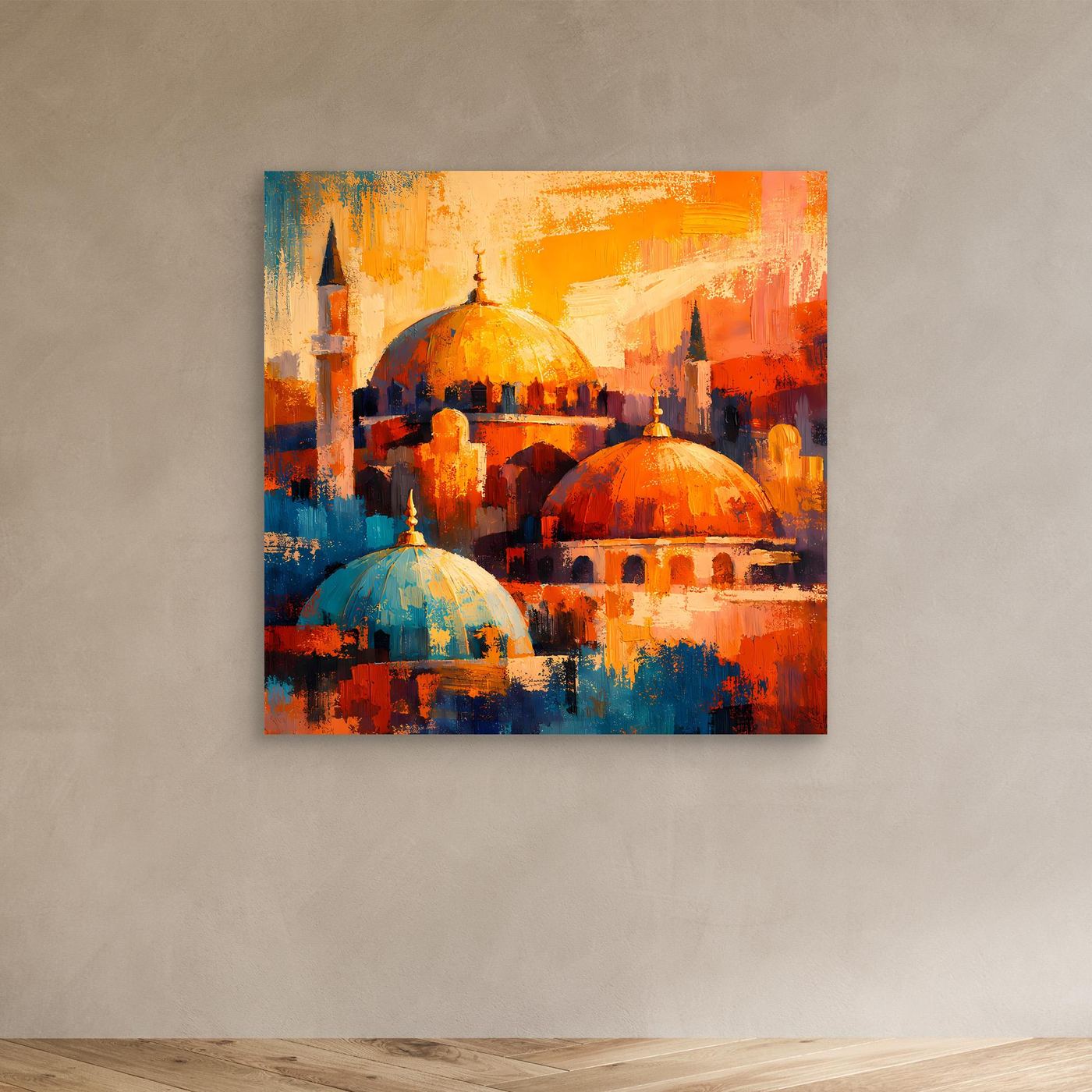 Abstraktes Leinwand-Wandbild mit Moschee, orange Kuppeln und blau getönte Kuppeln