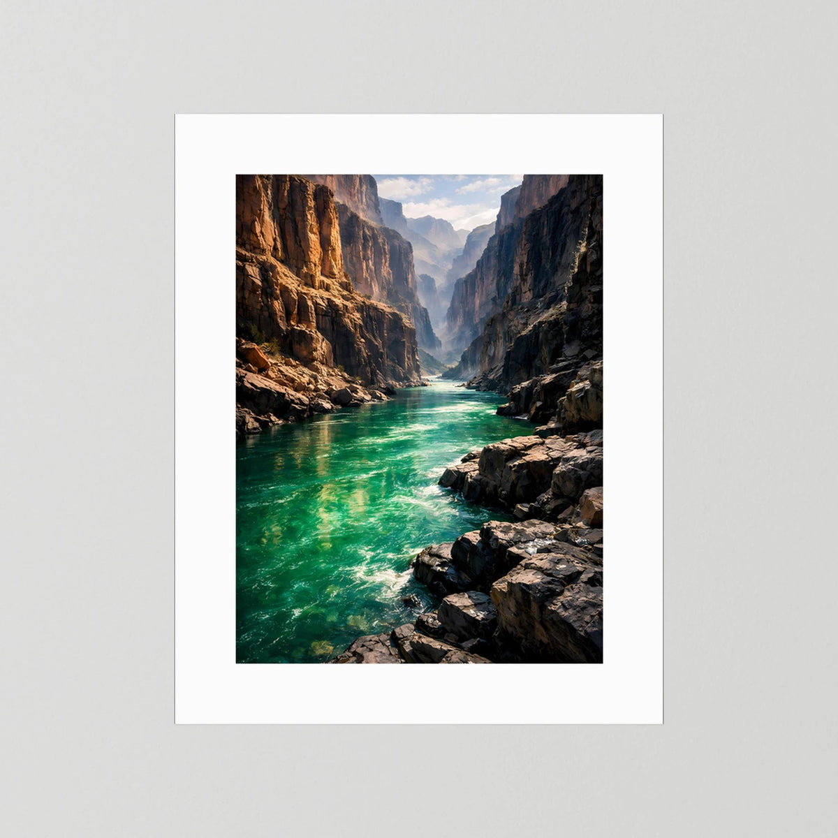 Wandbild mit Canyon und türkisgrünem Fluss, weißes Passepartout, Hochformat