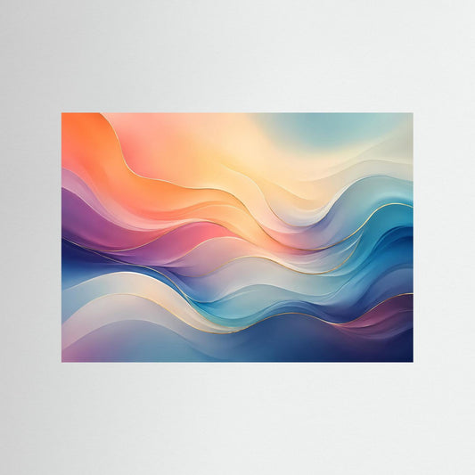 Abstraktes Poster mit fließenden Wellen in Blau, Rosa und Pastelltönen, querformatig