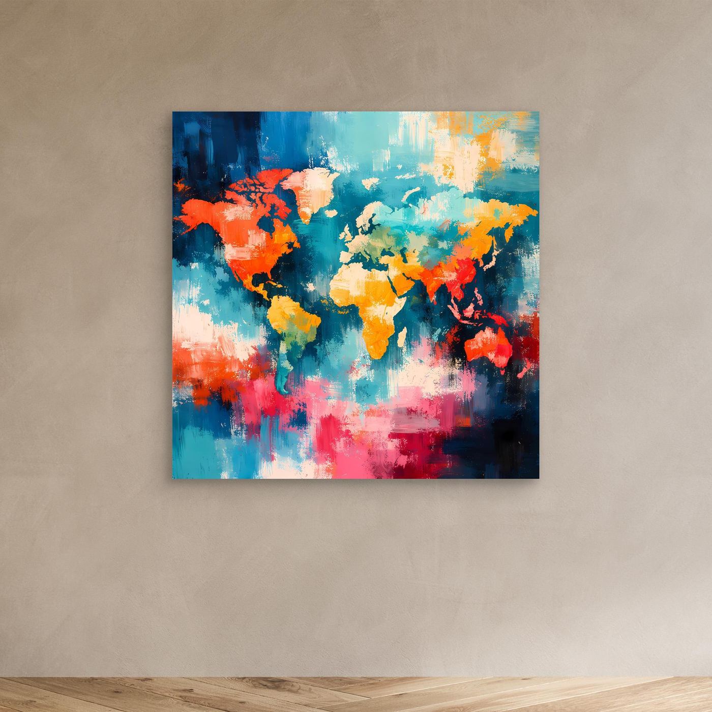 Abstract world map canvas with colorful brushstroke continents, no visible frame