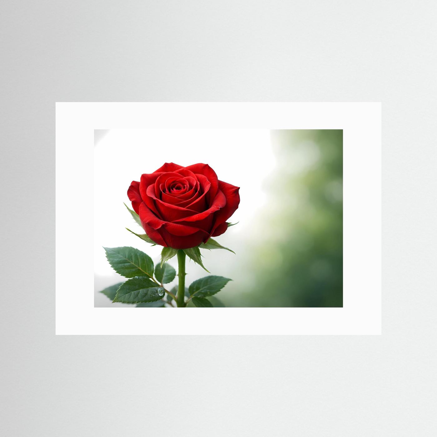 Poster mit roter Rose und grünen Blättern, Panorama-Ansicht ohne sichtbaren Holzrahmen.