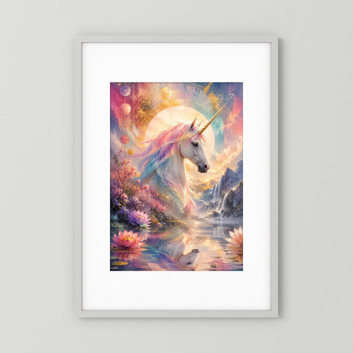 Einhorn-Poster (Hochformat) mit pastellfarbenem, leuchtendem Einhorn und Lotuslandschaft.