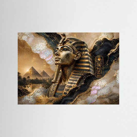 Querformat-Poster mit ägyptischem Pharao in Gold, Perlmutt und gestreifter Kopfbedeckung