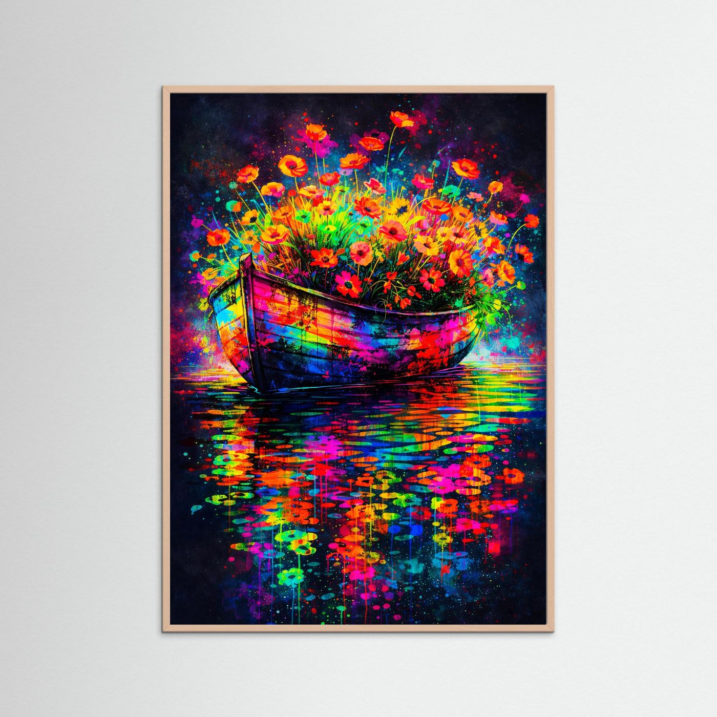 Abstraktes Blumenboot-Poster mit Roséholzrahmen, Neonblumen im Boot und Spiegelung