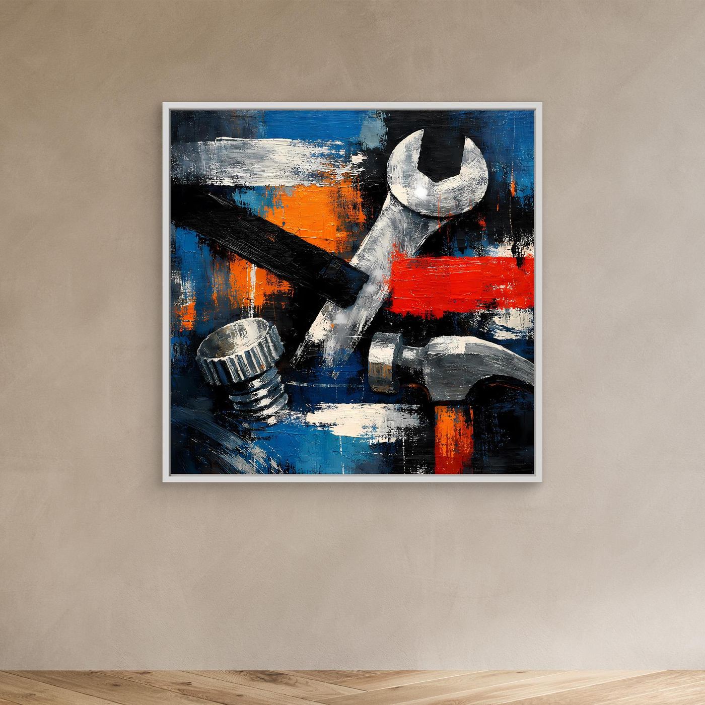 Abstract tools canvas wall art with wrench in white frame and red/blue paint strokes