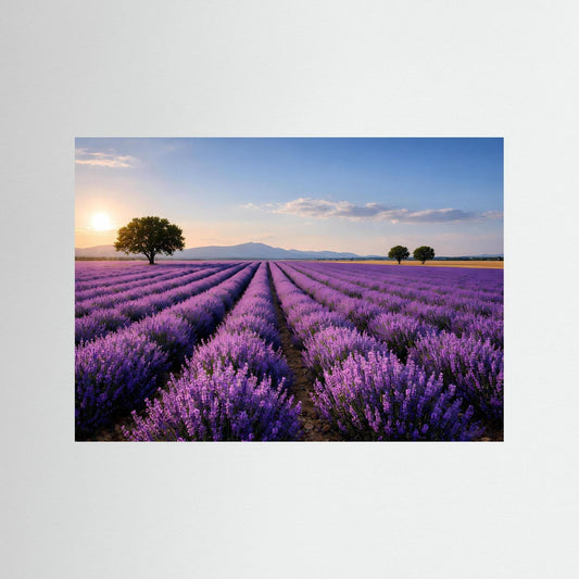 Lavendelfeld-Naturposter im Querformat, blau eingefasst, Reihen violetter Blüten und Baumensilhouetten