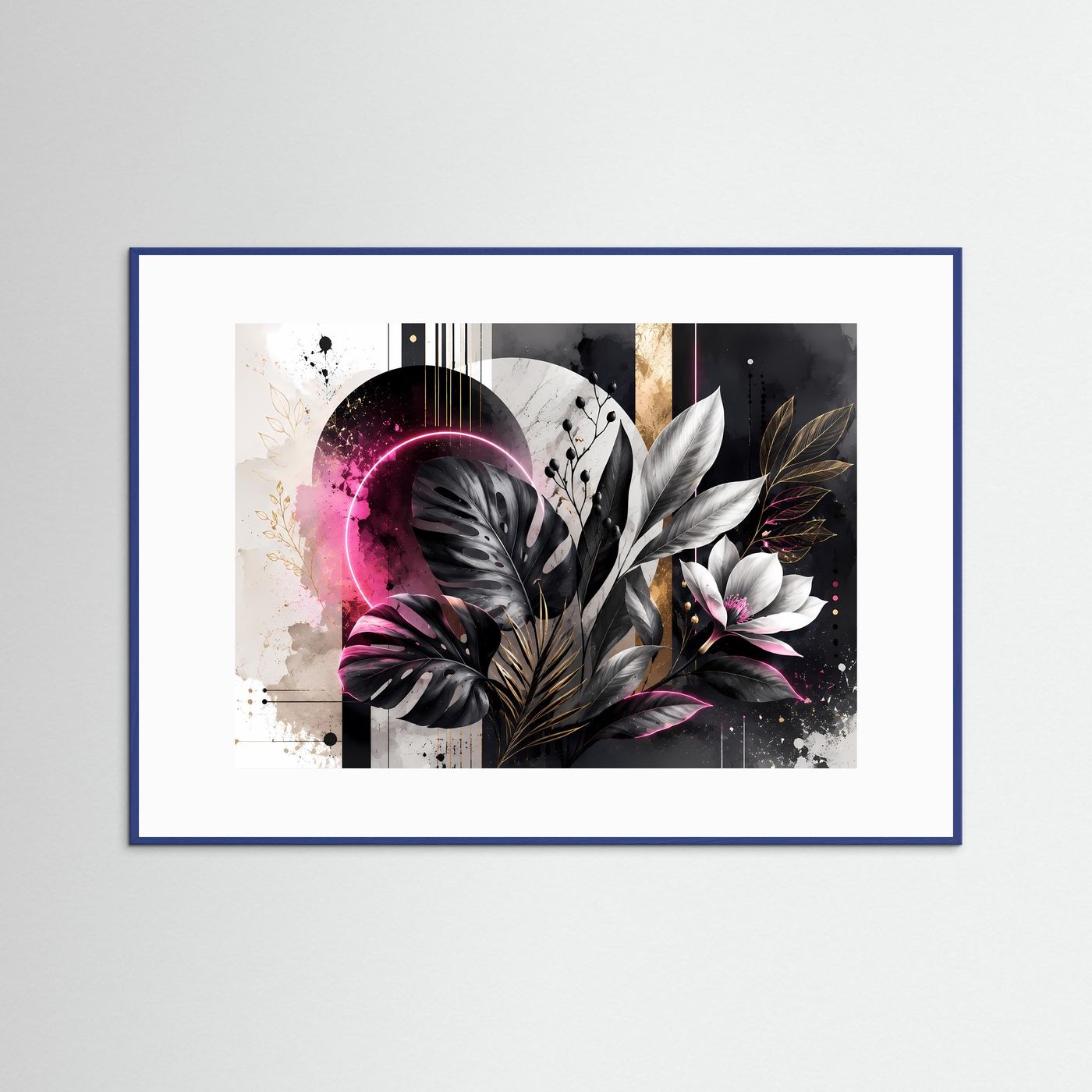 Abstrakte Botanik in Schwarz, Weiß & Pink | Monstera mit Neon & Gold – Moderne Wandkunst