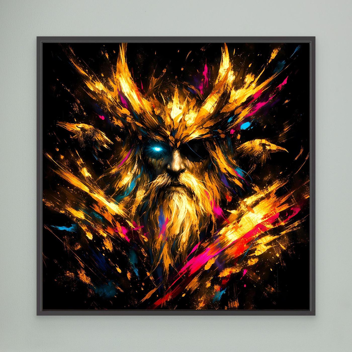 Leinwand Goldener Odin der Allvater mit Raben | Modernes Nordisches Mythologie Wandbild