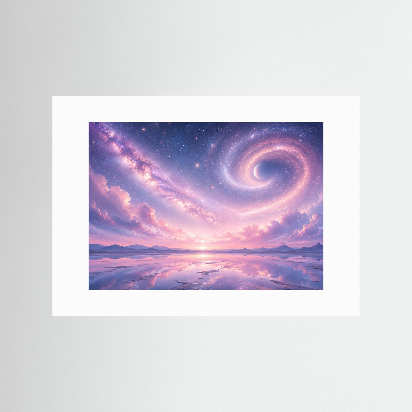Pastell Galaxie Poster | Magischer Sternenhimmel mit Spiralnebel | Traumhafte Kosmos Wandkunst in Rosa & Lavendel