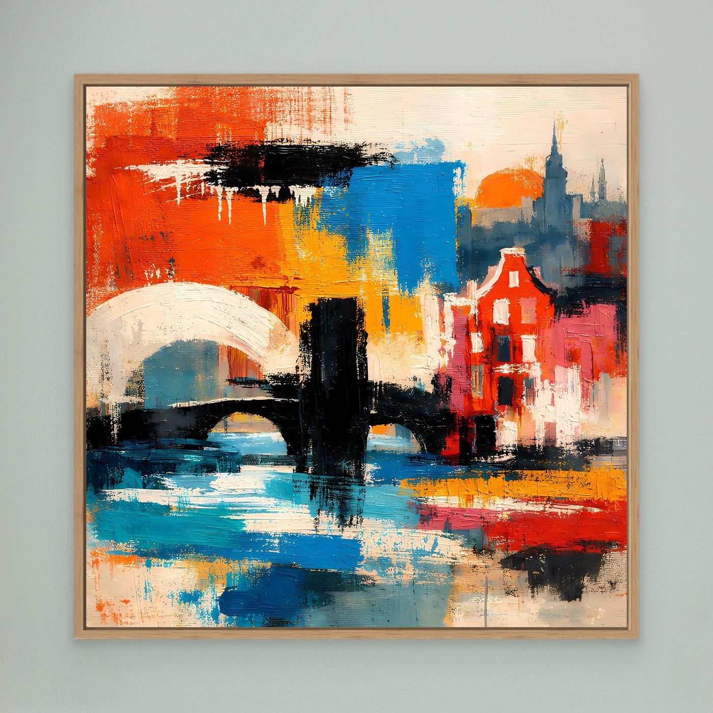 Leinwand-Wandbild mit abstrakter Stadtansicht in Rot, Blau und Gelb, Eichenrahmen